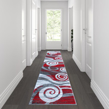 Cirrus Collection 2' x 11' Red Swirl Patterned Olefin Area Rug with Jute Backing for Entryway, Living Room, Bedroom [FLF-OKR-RG1103-211-RD-GG]