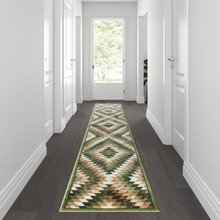 Teagan Collection Southwestern 2' x 11' Green Area Rug - Olefin Rug with Jute Backing - Entryway, Living Room, Bedroom [FLF-OKR-RG1106-211-GN-GG]