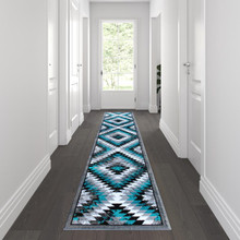 Teagan Collection Southwestern 2' x 11' Turquoise Area Rug - Olefin Rug with Jute Backing - Entryway, Living Room, Bedroom [FLF-OKR-RG1106-211-TQ-GG]