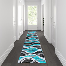 Wisp Collection 2' x 11' Turquoise Rippled Olefin Area Rug with Jute Backing for Entryway, Living Room, Bedroom [FLF-OKR-RG1109-211-TQ-GG]