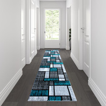 Raven Collection 2' x 11' Turquoise Color Bricked Olefin Area Rug with Jute Backing for Entryway, Living Room, Bedroom [FLF-OKR-RG1110-211-TQ-GG]