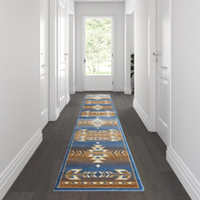 Lodi Collection Southwestern 2' x 11' Blue Area Rug - Olefin Rug with Jute Backing for Hallway, Entryway, Bedroom, Living Room [FLF-OKR-RG1113-211-BL-GG]