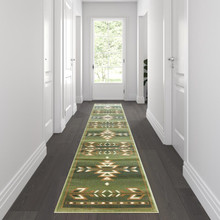 Lodi Collection Southwestern 2' x 11' Green Area Rug - Olefin Rug with Jute Backing for Hallway, Entryway, Bedroom, Living Room [FLF-OKR-RG1113-211-GN-GG]