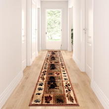 Vassa Collection 2' x 11' Mother Bear & Cubs Nature Themed Olefin Area Rug with Jute Backing for Entryway, Living Room, Bedroom [FLF-OKR-RG113-211-BN-GG]