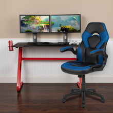 Red Gaming Desk and Blue/Black Racing Chair Set with Cup Holder and Headphone Hook [FLF-BLN-X10RSG1030-BL-GG]