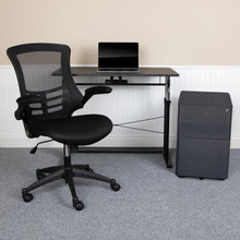 Work From Home Kit - Adjustable Computer Desk, Ergonomic Mesh Office Chair and Locking Mobile Filing Cabinet with Side Handles [FLF-BLN-NAN21CPX5L-BK-GG]