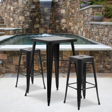 Commercial Grade 23.75" Square Black Metal Indoor-Outdoor Bar Table Set with 2 Square Seat Backless Stools [FLF-CH-31330B-2-30SQ-BK-GG]