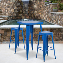 Commercial Grade 23.75" Square Blue Metal Indoor-Outdoor Bar Table Set with 2 Square Seat Backless Stools [FLF-CH-31330B-2-30SQ-BL-GG]
