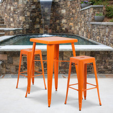 Commercial Grade 23.75" Square Orange Metal Indoor-Outdoor Bar Table Set with 2 Square Seat Backless Stools [FLF-CH-31330B-2-30SQ-OR-GG]