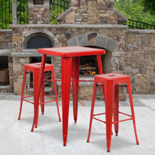 Commercial Grade 23.75" Square Red Metal Indoor-Outdoor Bar Table Set with 2 Square Seat Backless Stools [FLF-CH-31330B-2-30SQ-RED-GG]