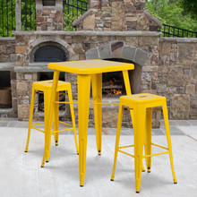 Commercial Grade 23.75" Square Yellow Metal Indoor-Outdoor Bar Table Set with 2 Square Seat Backless Stools [FLF-CH-31330B-2-30SQ-YL-GG]
