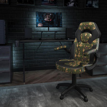 Black Gaming Desk and Camouflage/Black Racing Chair Set with Cup Holder, Headphone Hook, and Monitor/Smartphone Stand [FLF-BLN-X10RSG1031-CAM-GG]