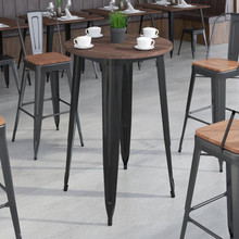 30" Round Black Metal Indoor Bar Height Table with Walnut Rustic Wood Top [FLF-CH-51090-40M1-BK-GG]