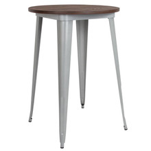30" Round Silver Metal Indoor Bar Height Table with Walnut Rustic Wood Top [FLF-CH-51090-40M1-SIL-GG]