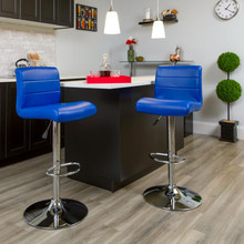 Contemporary Blue Vinyl Adjustable Height Barstool with Rolled Seat and Chrome Base [FLF-DS-8101B-BL-GG]