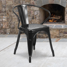 Commercial Grade Black Metal Indoor-Outdoor Chair with Arms [FLF-CH-31270-BK-GG]