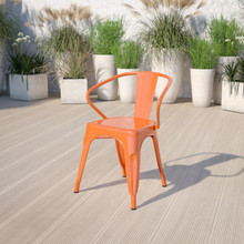 Commercial Grade Orange Metal Indoor-Outdoor Chair with Arms [FLF-CH-31270-OR-GG]