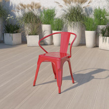 Commercial Grade Red Metal Indoor-Outdoor Chair with Arms [FLF-CH-31270-RED-GG]