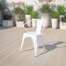 Commercial Grade White Metal Indoor-Outdoor Chair with Arms [FLF-CH-31270-WH-GG]