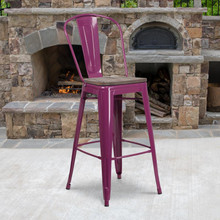 30" High Purple Metal Barstool with Back and Wood Seat [FLF-ET-3534-30-PUR-WD-GG]