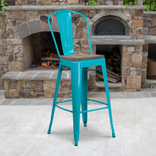 30" High Crystal Teal-Blue Metal Barstool with Back and Wood Seat [FLF-ET-3534-30-CB-WD-GG]