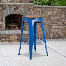 30" High Backless Blue Metal Barstool with Square Wood Seat [FLF-CH-31320-30-BL-WD-GG]