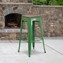 30" High Backless Green Metal Barstool with Square Wood Seat [FLF-CH-31320-30-GN-WD-GG]
