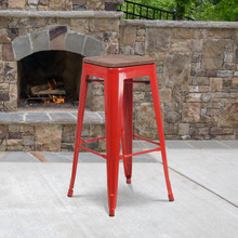 30" High Backless Red Metal Barstool with Square Wood Seat [FLF-CH-31320-30-RED-WD-GG]