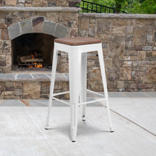 30" High Backless White Metal Barstool with Square Wood Seat [FLF-CH-31320-30-WH-WD-GG]