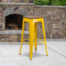30" High Backless Yellow Metal Barstool with Square Wood Seat [FLF-CH-31320-30-YL-WD-GG]