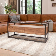 Cumberland Collection Glass Coffee Table with Two Drawers and Shelf in Rustic Wood Grain Finish [FLF-NAN-JN-28102C-GG]