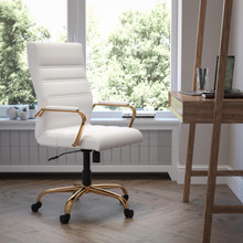 High Back White LeatherSoft Executive Swivel Office Chair with Gold Frame and Arms [FLF-GO-2286H-WH-GLD-GG]
