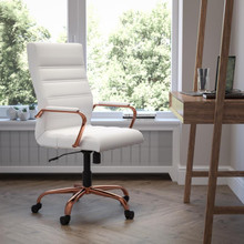 High Back White LeatherSoft Executive Swivel Office Chair with Rose Gold Frame and Arms [FLF-GO-2286H-WH-RSGLD-GG]