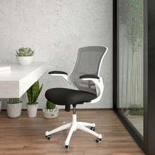 Mid-Back Black Mesh Swivel Ergonomic Task Office Chair with White Frame and Flip-Up Arms [FLF-BL-X-5M-WH-BK-GG]