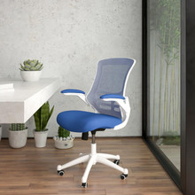 Mid-Back Blue Mesh Swivel Ergonomic Task Office Chair with White Frame and Flip-Up Arms [FLF-BL-X-5M-WH-BLUE-GG]