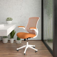 Mid-Back Tan Mesh Swivel Ergonomic Task Office Chair with White Frame and Flip-Up Arms [FLF-BL-X-5M-WH-TAN-GG]
