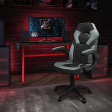 Red Gaming Desk and Gray/Black Racing Chair Set with Cup Holder and Headphone Hook [FLF-BLN-X10RSG1030-GY-GG]