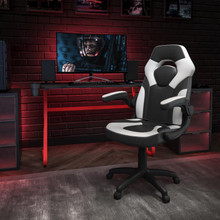 Red Gaming Desk and White/Black Racing Chair Set with Cup Holder and Headphone Hook [FLF-BLN-X10RSG1030-WH-GG]