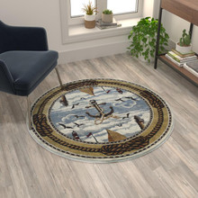 Edmund Collection 4' x 4' Round Beige Nautical Themed Area Rug with Jute Backing for Living Room, Bedroom, Entryway [FLF-ACD-RGZ8751-44-BG-GG]