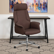 High Back Brown Fabric Executive Swivel Office Chair with Chrome Base and Fully Upholstered Arms [FLF-CH-CX0944H-BN-GG]