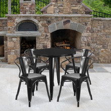 Commercial Grade 30" Round Black Metal Indoor-Outdoor Table Set with 4 Arm Chairs [FLF-CH-51090TH-4-18ARM-BK-GG]