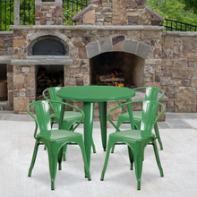 Commercial Grade 30" Round Green Metal Indoor-Outdoor Table Set with 4 Arm Chairs [FLF-CH-51090TH-4-18ARM-GN-GG]