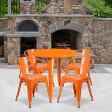 Commercial Grade 30" Round Orange Metal Indoor-Outdoor Table Set with 4 Arm Chairs [FLF-CH-51090TH-4-18ARM-OR-GG]