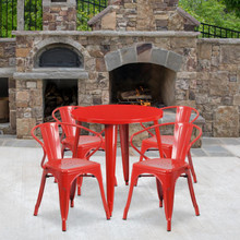 Commercial Grade 30" Round Red Metal Indoor-Outdoor Table Set with 4 Arm Chairs [FLF-CH-51090TH-4-18ARM-RED-GG]