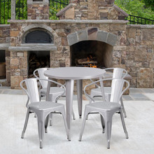 Commercial Grade 30" Round Silver Metal Indoor-Outdoor Table Set with 4 Arm Chairs [FLF-CH-51090TH-4-18ARM-SIL-GG]