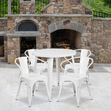 Commercial Grade 30" Round White Metal Indoor-Outdoor Table Set with 4 Arm Chairs [FLF-CH-51090TH-4-18ARM-WH-GG]
