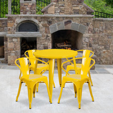 Commercial Grade 30" Round Yellow Metal Indoor-Outdoor Table Set with 4 Arm Chairs [FLF-CH-51090TH-4-18ARM-YL-GG]