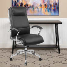 High Back Designer Black LeatherSoft Smooth Upholstered Executive Swivel Office Chair with Chrome Base and Arms [FLF-GO-2192-BK-GG]