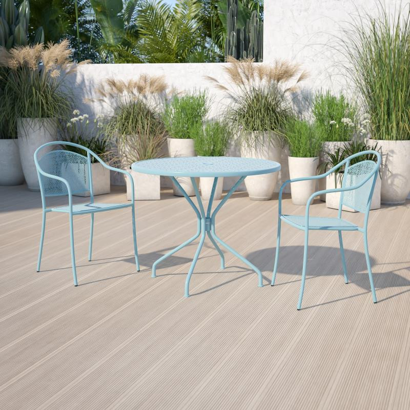commercial patio table with umbrella Flash Furniture 35.25'' Round Sky Blue Indoor-Outdoor Steel Patio Table