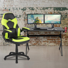 Black Gaming Desk and Green/Black Racing Chair Set with Cup Holder, Headphone Hook & 2 Wire Management Holes [FLF-BLN-X10D1904-GN-GG]